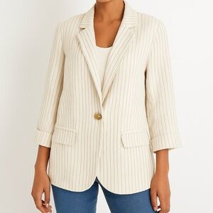 Chico’s Linen Blend Striped Neutral Blazer Jacket Womens Size 2 - Medium